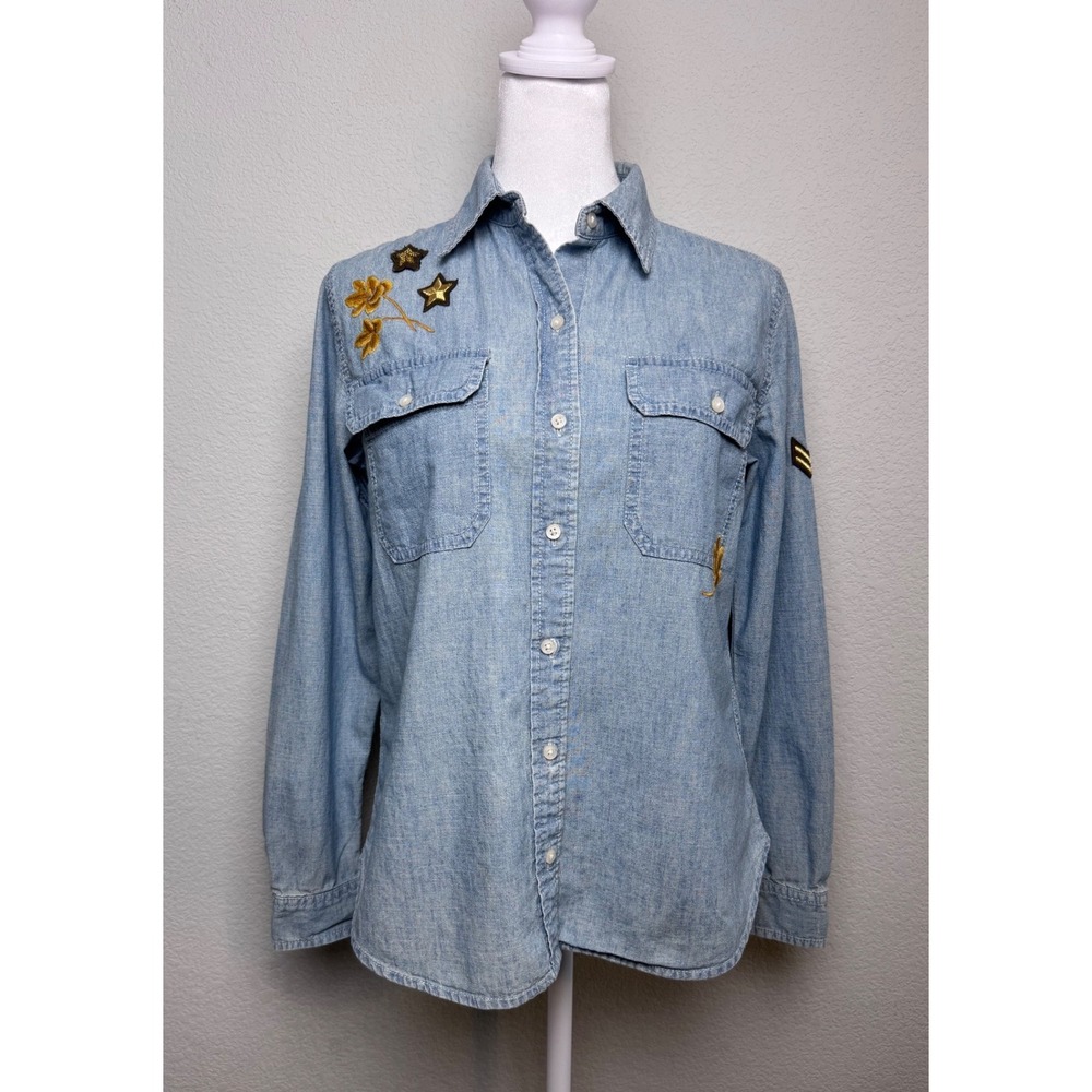 Lauren Ralph Lauren Blue‎ Chambray Embroidered Star Patch Button Down Shirt PM